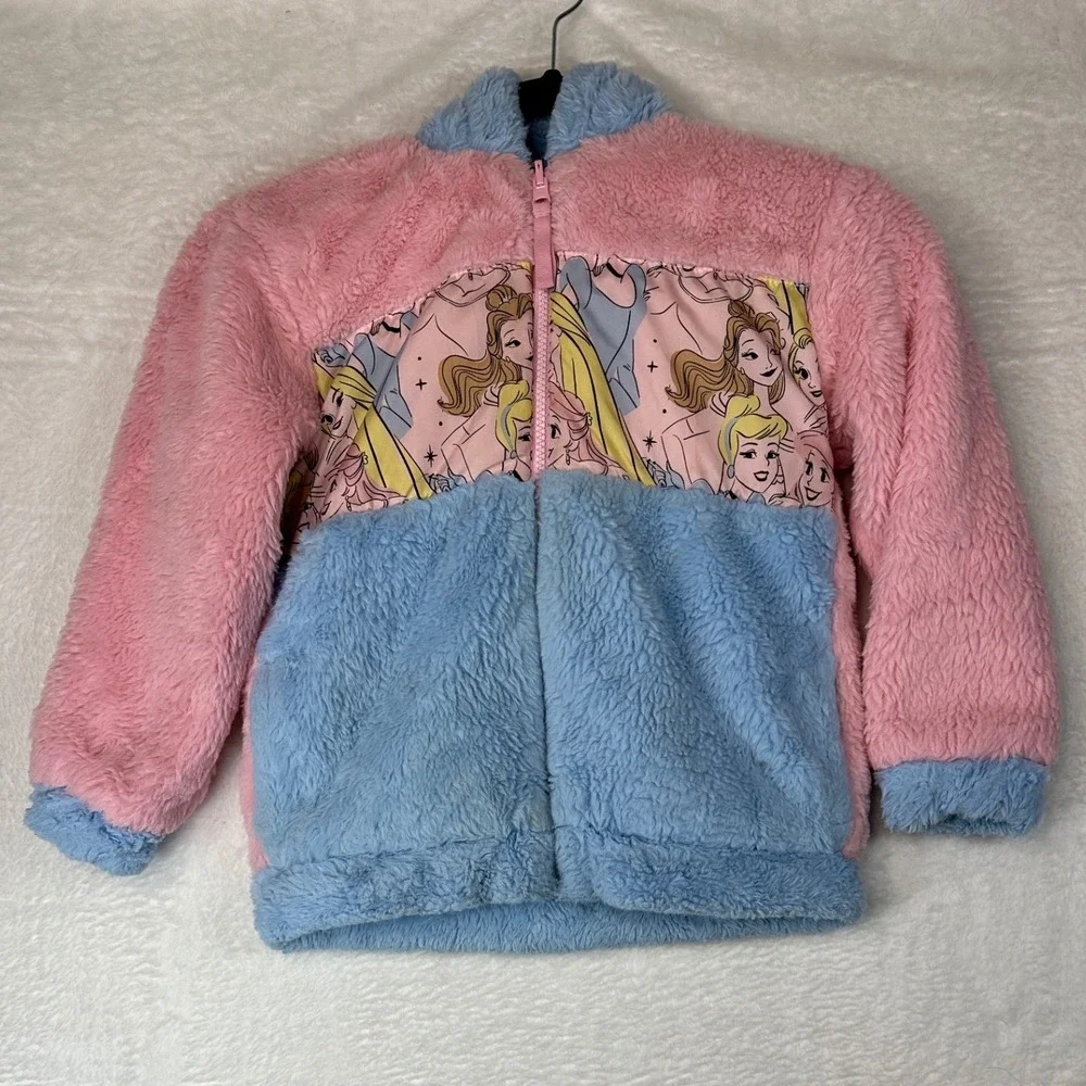 Disney Princess Reversible Puffer Jacket Girls Pink Blue Faux Fur Fleece Hooded